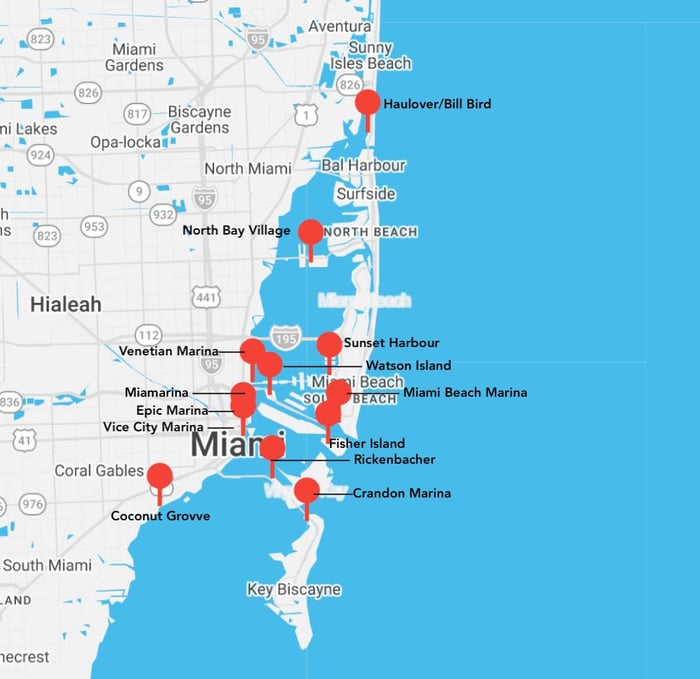 Map of Miami marinas including Haulover/Bill Bird, North Bay Village, Venetian Marina, Sunset Harbour, Watson Island, Miami Beach Marina, Miamarina, Epic Marina, Vice City Marina, Fisher Island, Rickenbacker, Crandon Marina, and Coconut Grove